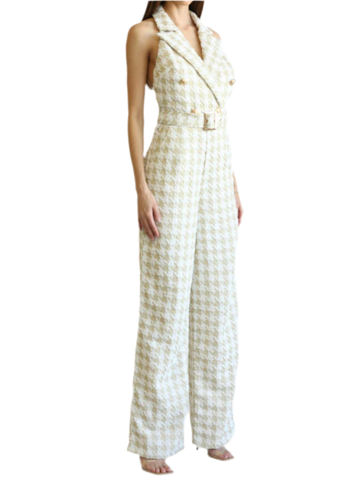 Alma Tweed Houndstooth Cutout Jumpsuit