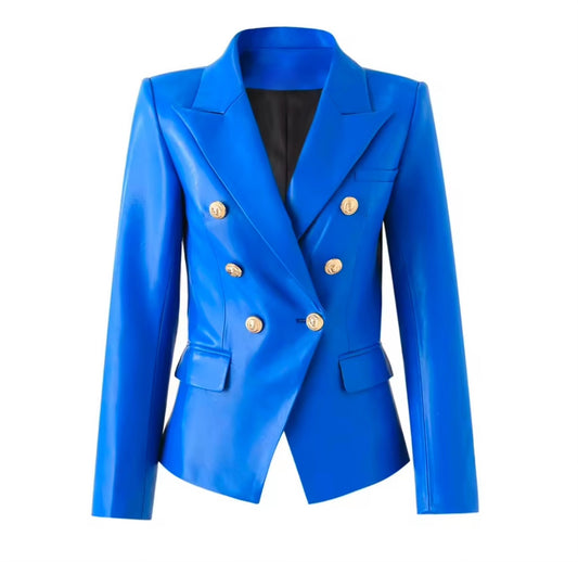 Bold Blue Double Breasted Patent Leather Blazer