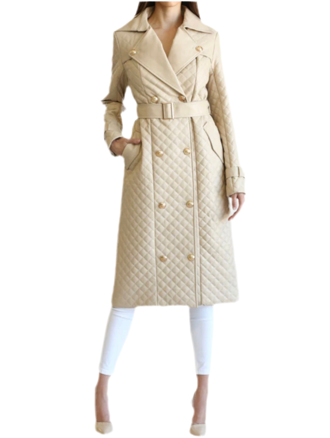 Alma Beige Quilted Midi Dress Trench Coat