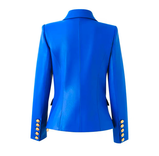 Bold Blue Double Breasted Patent Leather Blazer