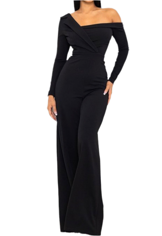 Alma Black One Shoulder With Collar Jumpsuit