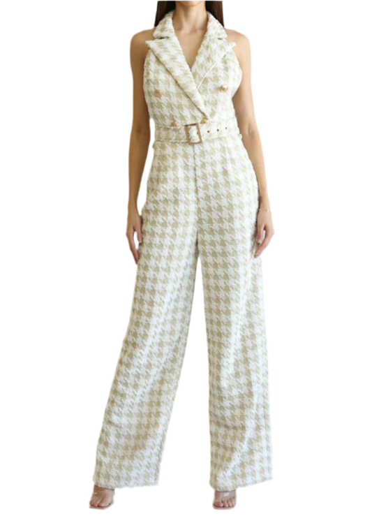 Alma Tweed Houndstooth Cutout Jumpsuit