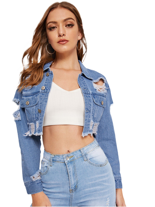 Ripped Buttoned Denim Jacket