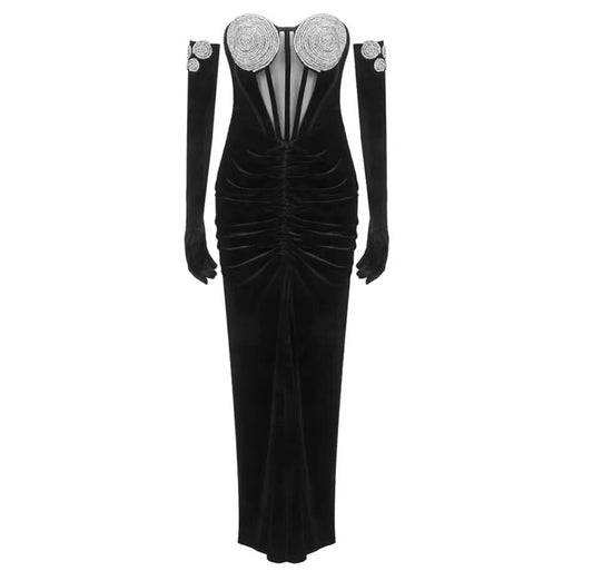 Black Velour Crystal Gloves Split Strapless Dress