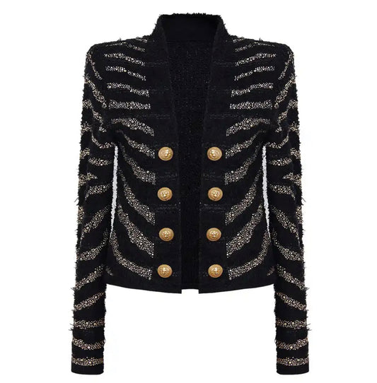 Embellished Gold Studs Stretchy Tweed Look Jacket