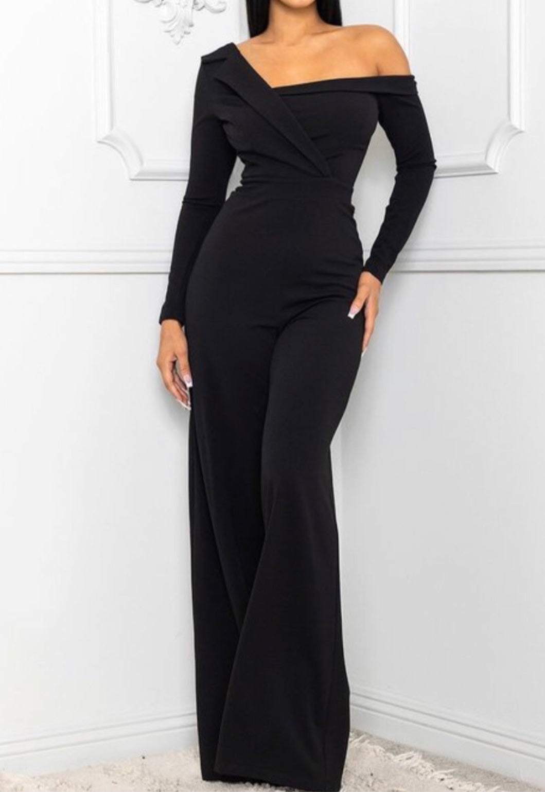 Alma Black One Shoulder With Collar Jumpsuit