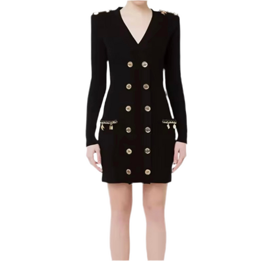 Black Gold Buttons Knit Dress