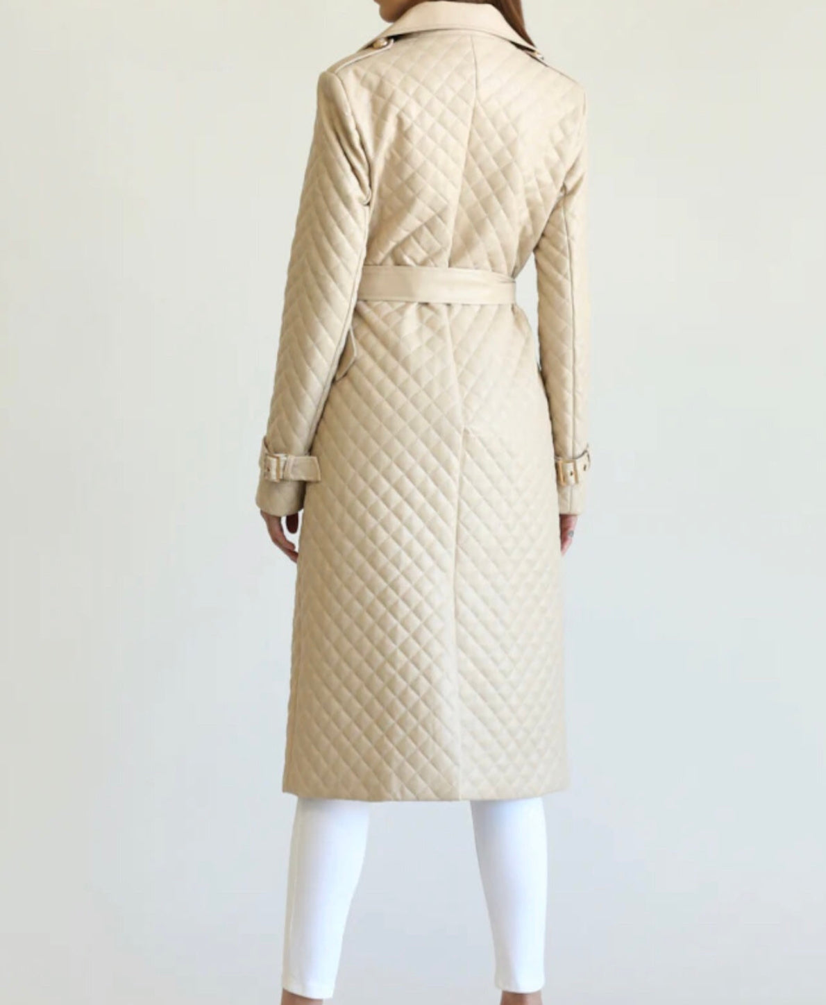 Alma Beige Quilted Midi Dress Trench Coat