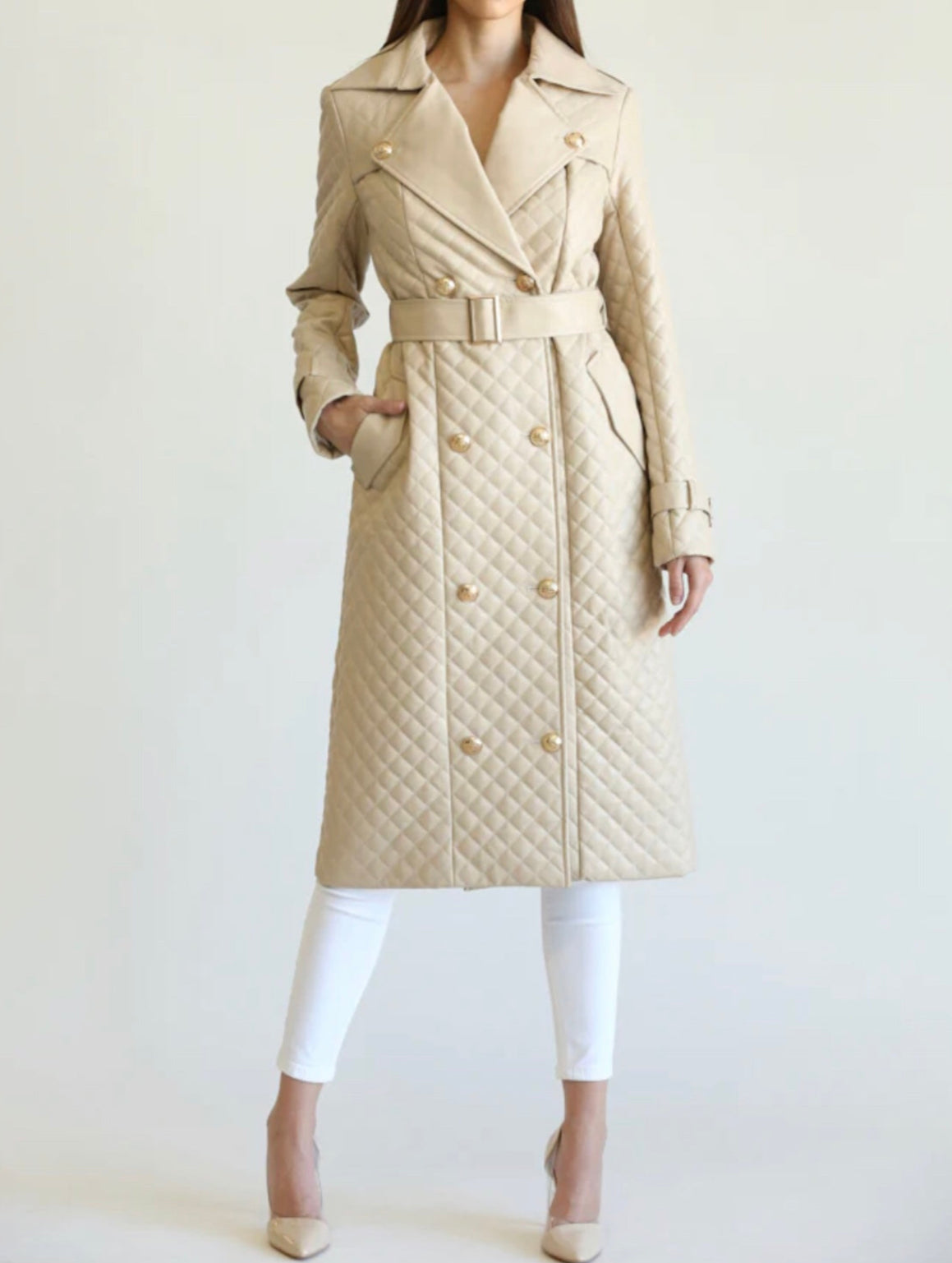 Alma Beige Quilted Midi Dress Trench Coat