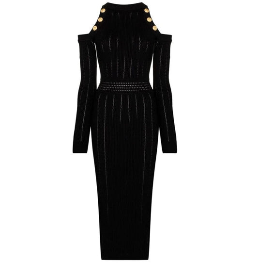 Black Gold Buttons Cutout Knitwear Dress