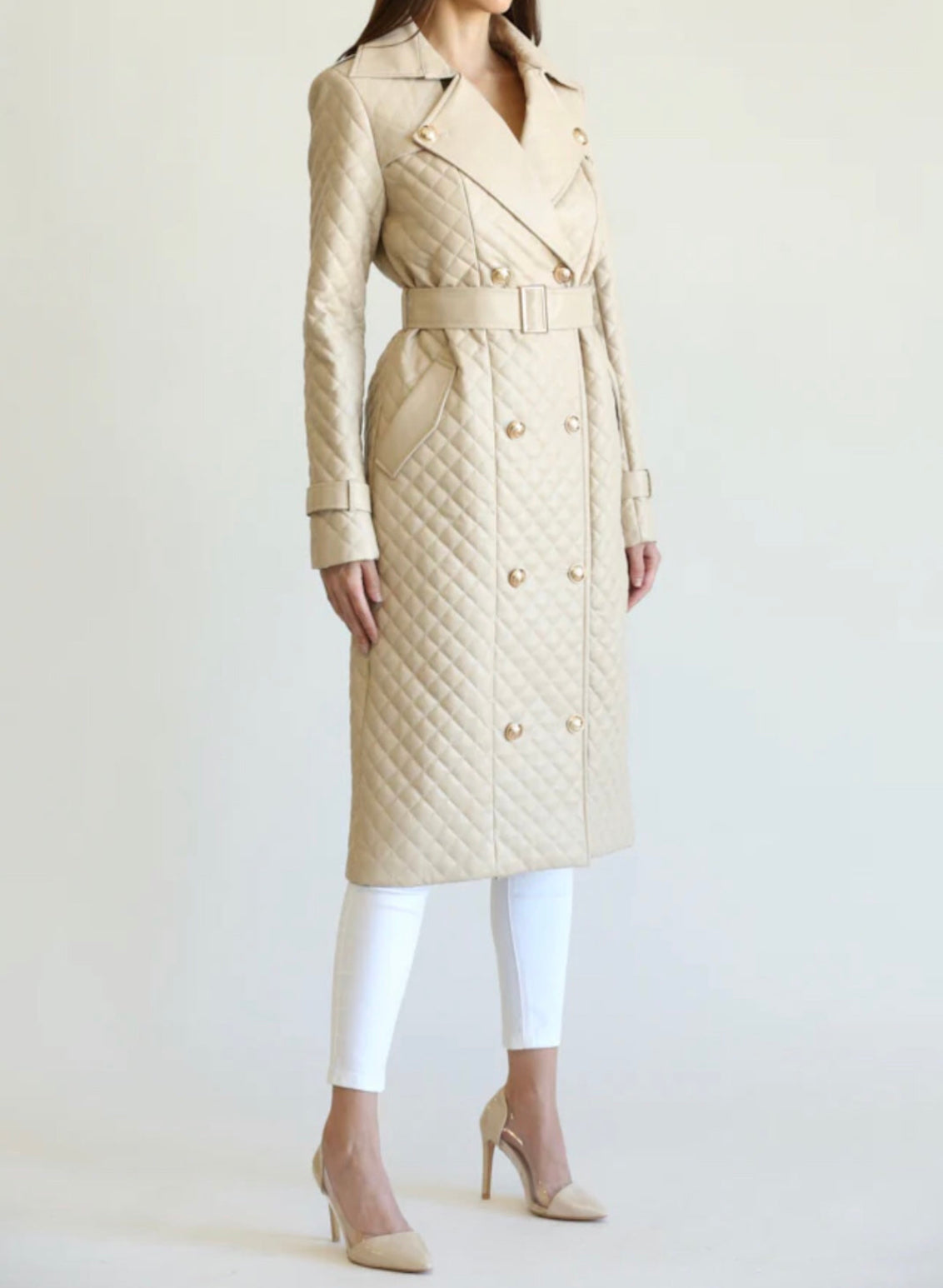 Alma Beige Quilted Midi Dress Trench Coat