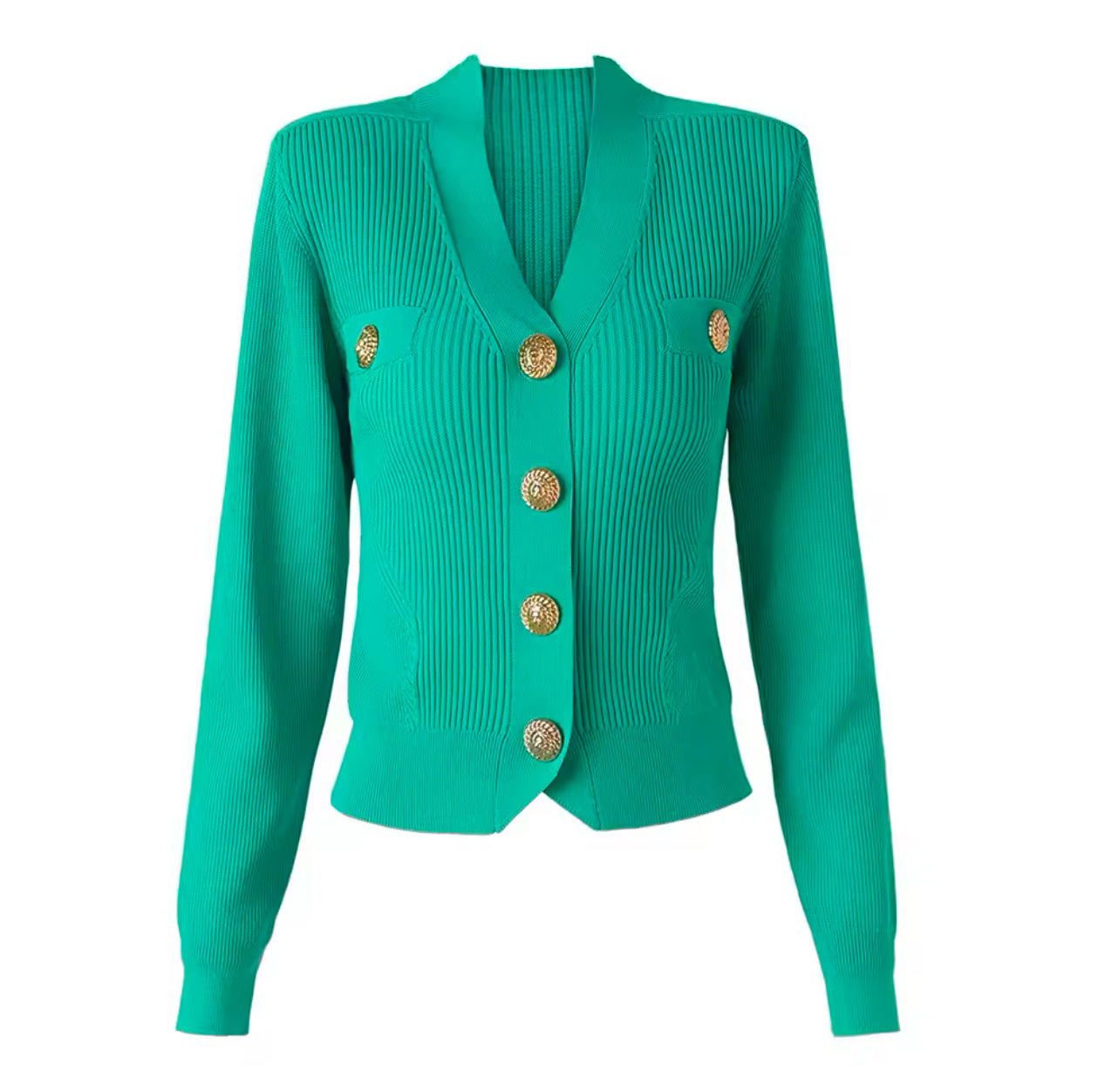 Green Knit Embellished Buttons Top