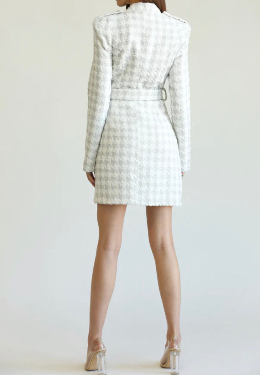 Alma Silver Houndstooth Tweed Mini Dress