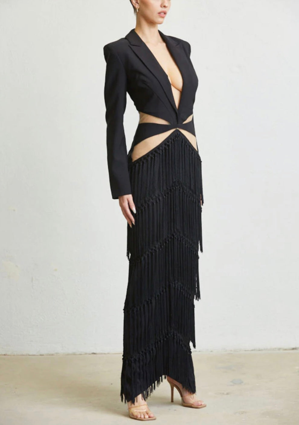 Alma Black Cutout Tassel Fringe Split Dress