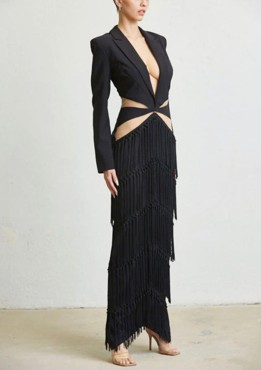 Alma Black Cutout Tassel Fringe Split Dress