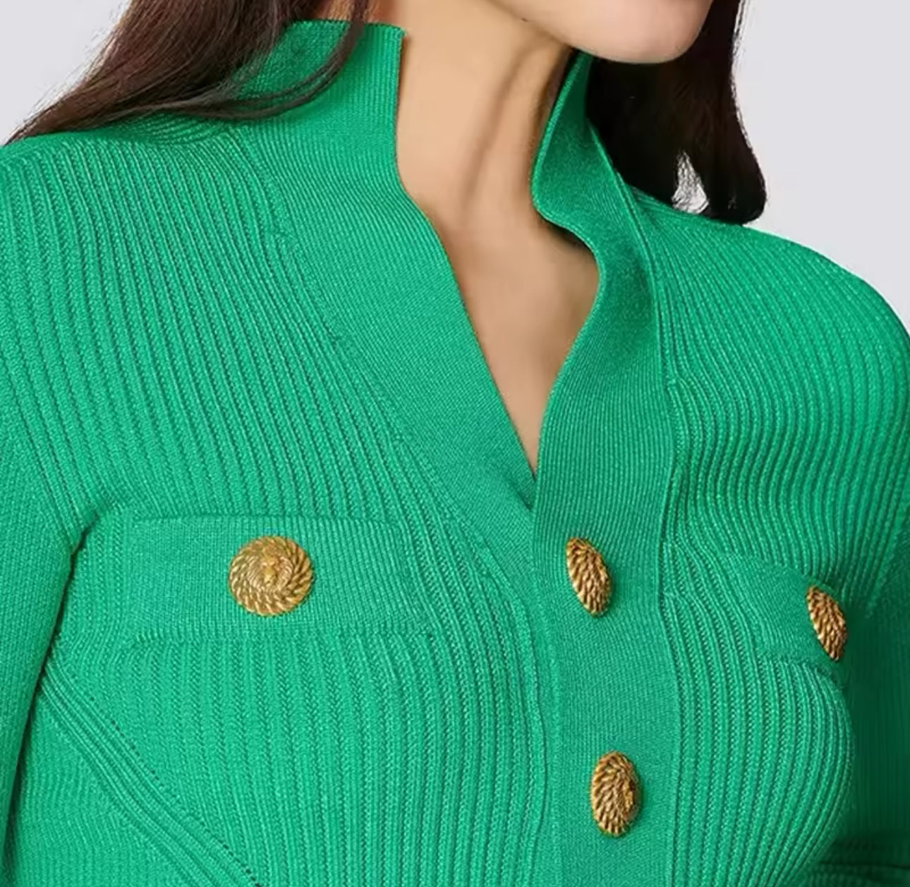 Green Knit Embellished Buttons Top