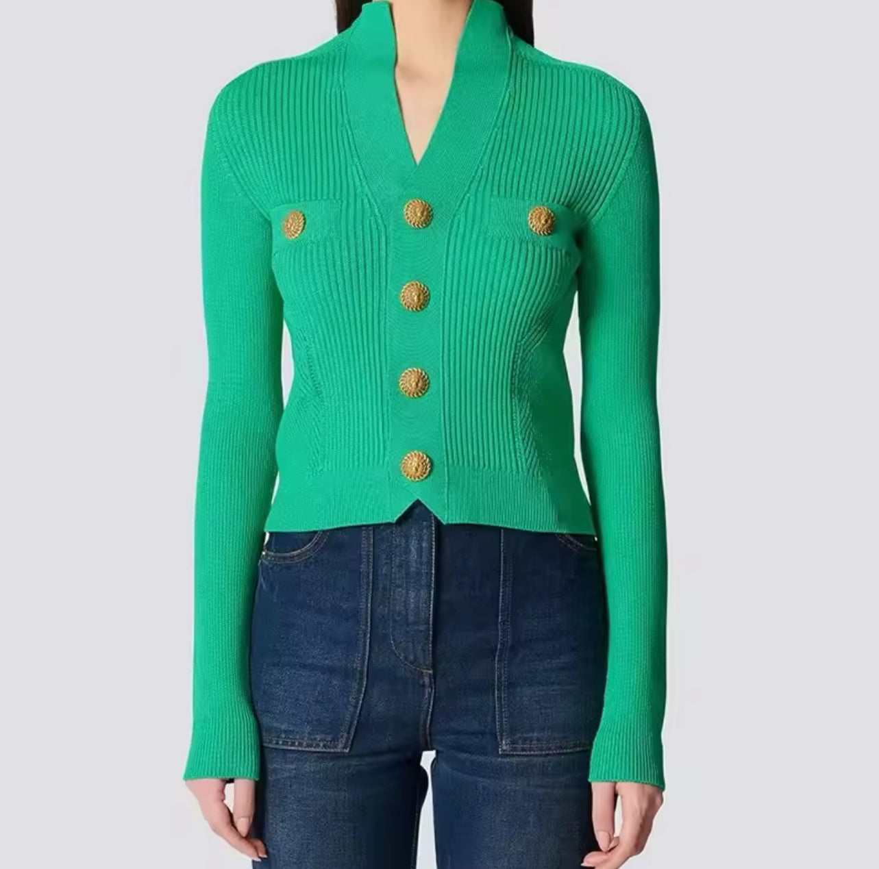 Green Knit Embellished Buttons Top