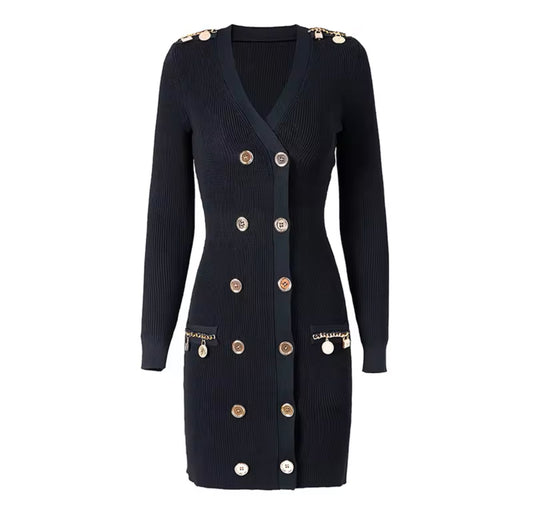 Black Gold Buttons Knit Dress