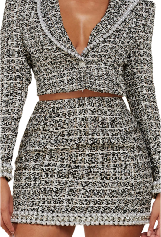 Ace Tweed Pearls Crop Jacket Mini Skirt Set