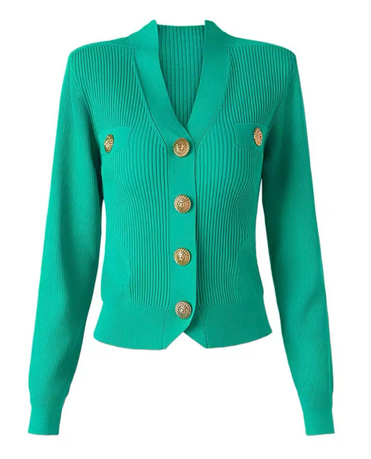 Green Knit Embellished Buttons Top