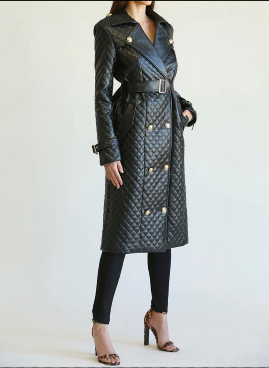 Alma Quilted Black Trench Coat