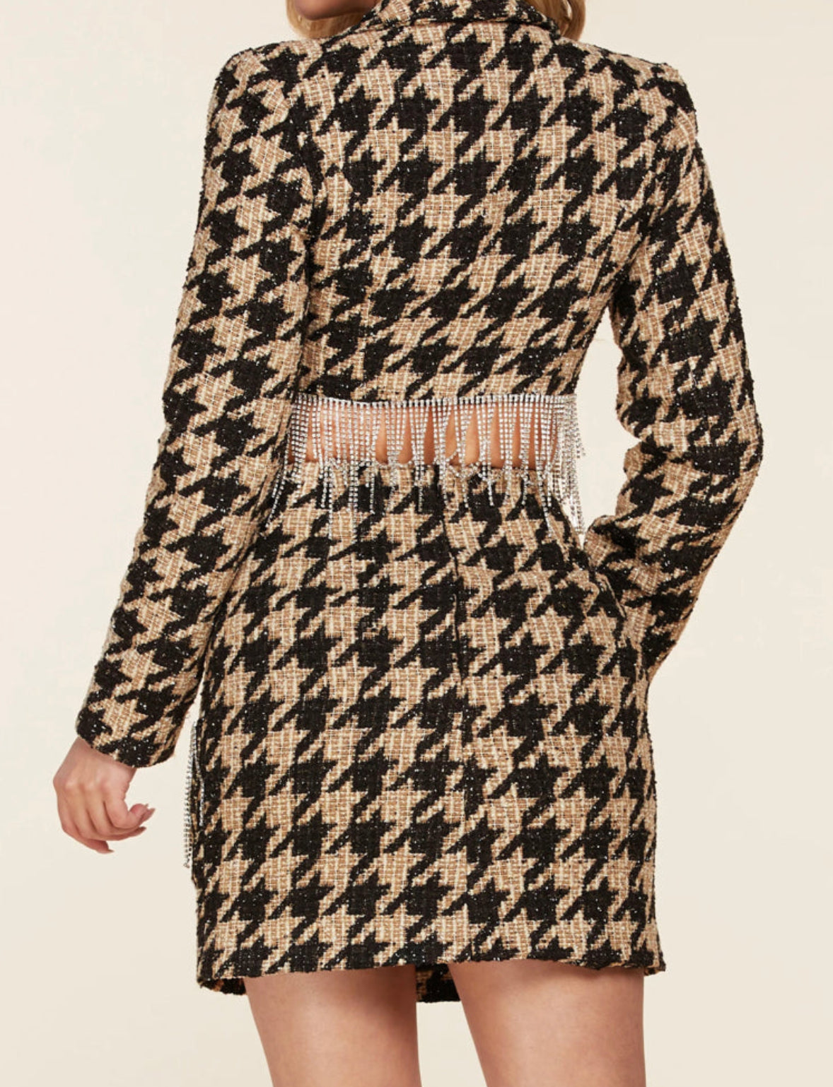 Alma Tweed Houndstooth Crystal Crop Blazer Mini Skirt Set