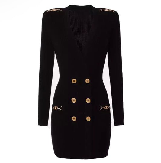 Ace Black Knit Gold Buttons Dress