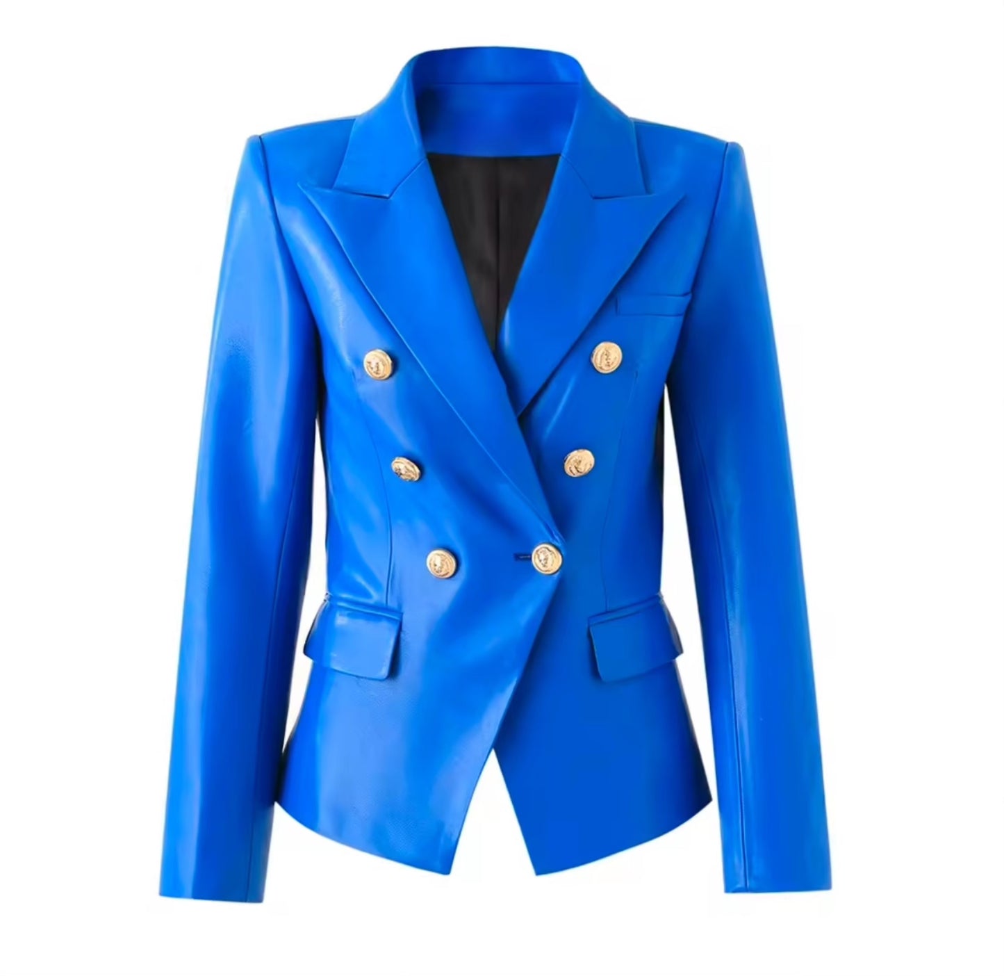 Bold Blue Double Breasted Patent Leather Blazer