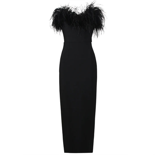 Black Strapless Feathers Dress