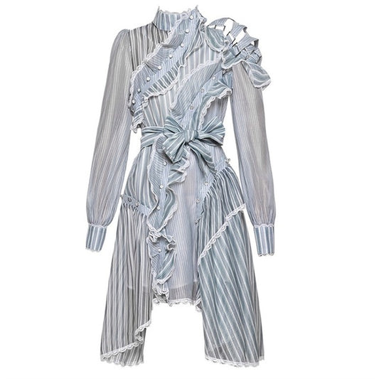 Striped Full Sleeve Sashes Dress