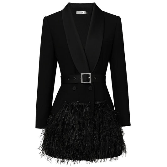 Shawl Collar Feather Blazer Dress