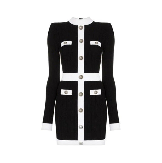 BLACK AND WHITE BODYCON BUTTONS DRESS