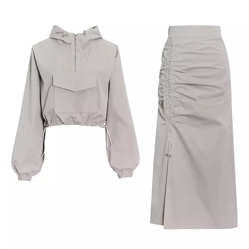 Hooded Top Split Drawstring Skirt