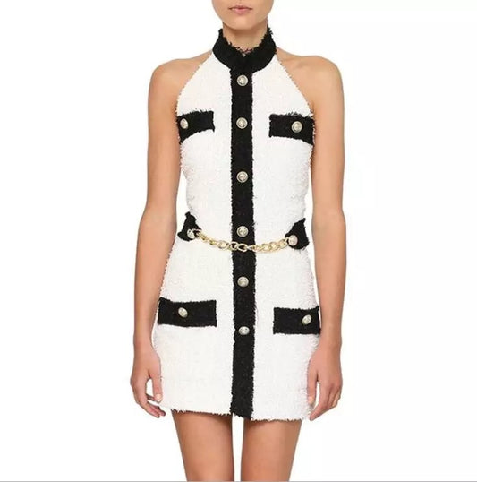 Tweed Black + White Halter Gold Buttons Mini Dress