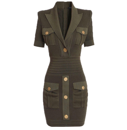 Olive Green Gold Buttons Dress