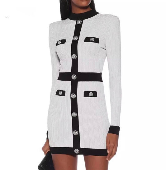 Black & Off White Silver Buttons Dress