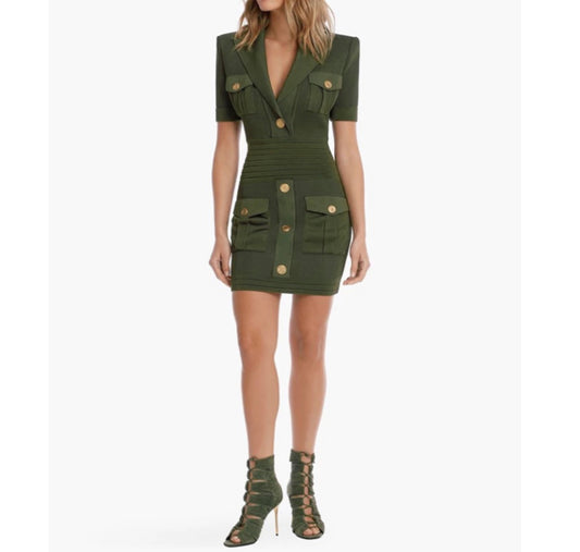 Olive Green Gold Buttons Dress