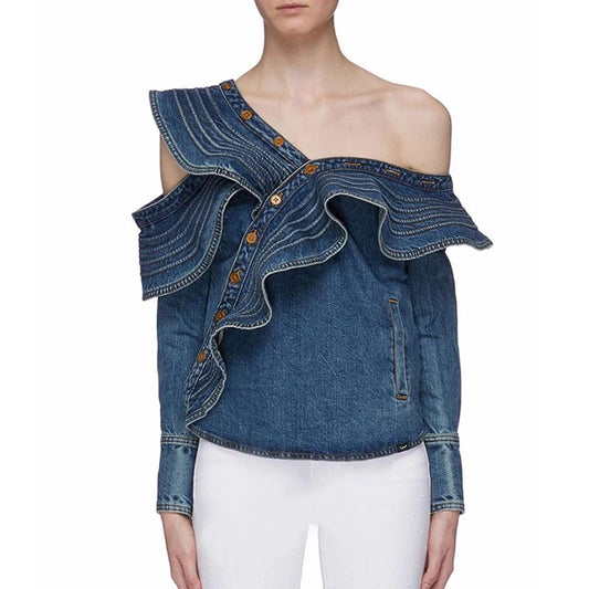 Ruffles One Shoulder Denim Top